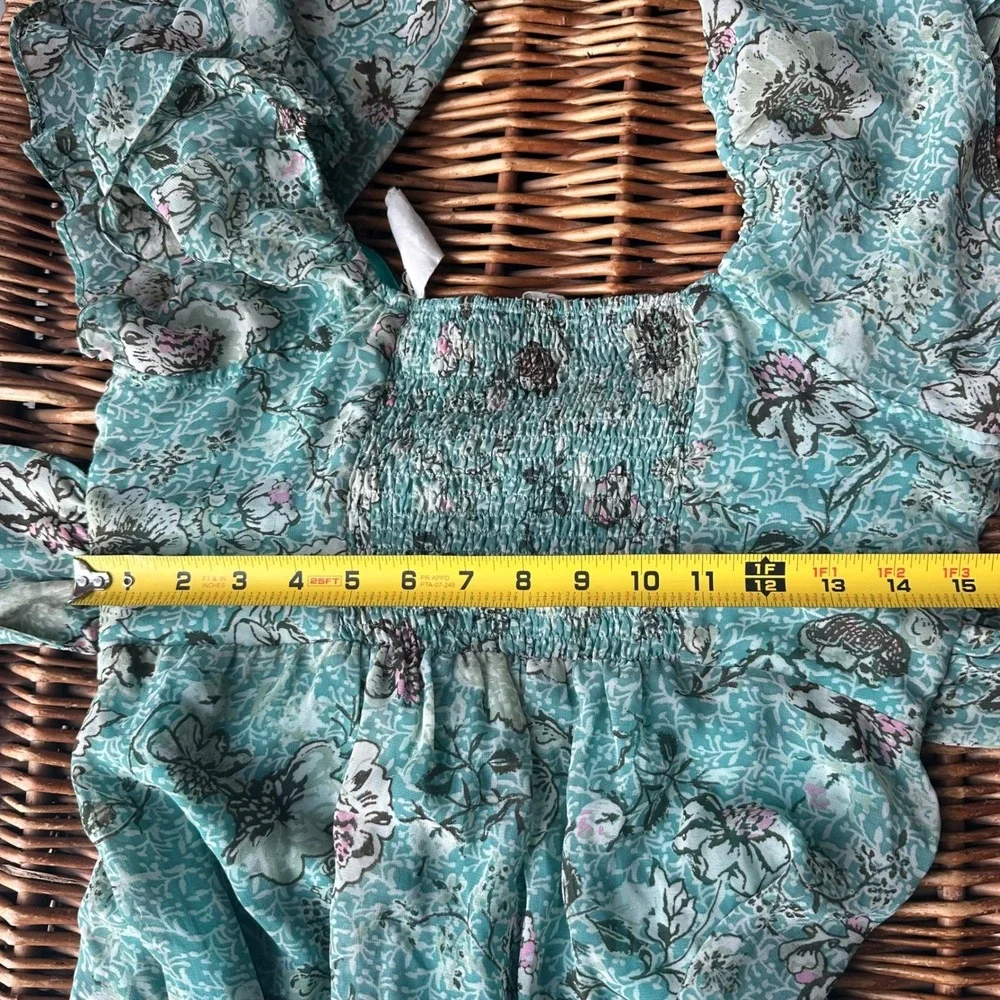 Y2K Mystree Women Small Teal Floral Flutter Sleeve Boho Smocked Mini Dress Fairy